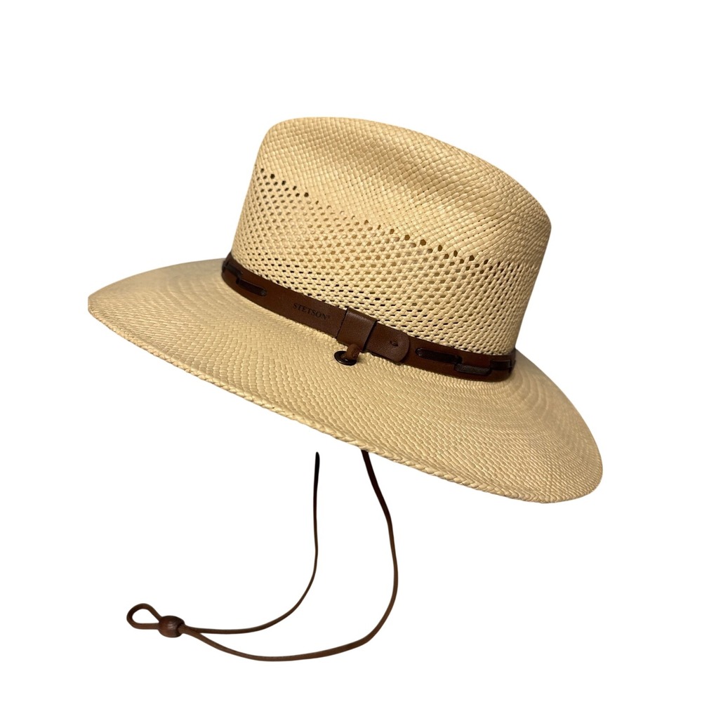 Stetson Straw Cowboy Hat Wide Brim Sun Protection‎ Leather Band Chinstrap Sz S
